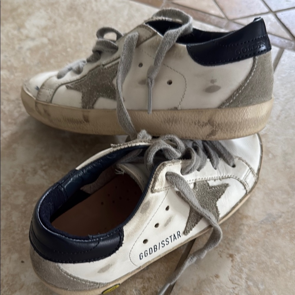 Golden Goose White and Navy Distressed Sneakers